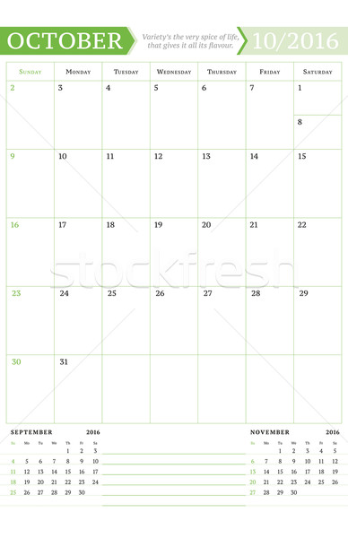 October 2016. Monthly Calendar Planner for 2016 Year. Vector Design Print Template with Place for No Stock photo © mikhailmorosin