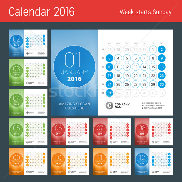 Desk Calendar for 2016 Year. Vector Design Print Template with Place for Photo and Circles. Week Sta Stock photo © mikhailmorosin