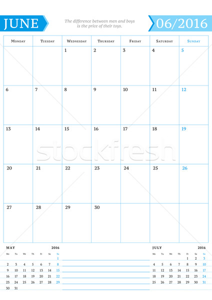 June 2016. Monthly Calendar Planner for 2016 Year. Vector Design Print Template with Place for Notes Stock photo © mikhailmorosin