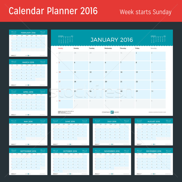 Monthly Calendar Planner for 2016 Year. Vector Design Print Template. Week Starts Sunday. Set of 12  Stock photo © mikhailmorosin