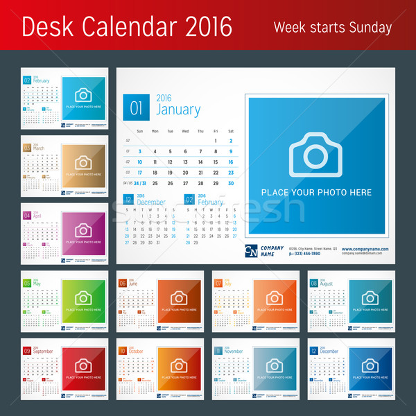 Desk Calendar 2016. Vector Print Template. Week Starts Sunday Stock photo © mikhailmorosin
