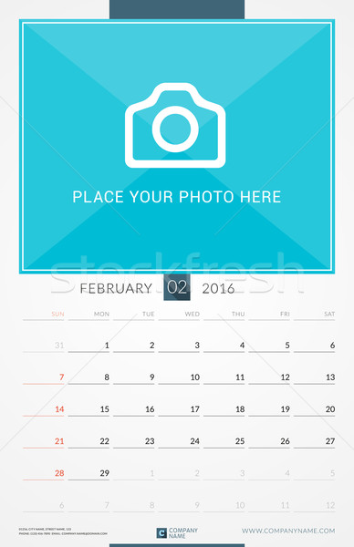February 2016. Wall Monthly Calendar for 2016 Year. Vector Design Print Template with Place for Phot Stock photo © mikhailmorosin