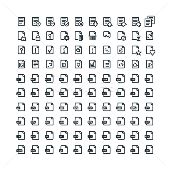 Set of 100 Document Icons. File Extension. File Types. Operations with Documents Stock photo © mikhailmorosin