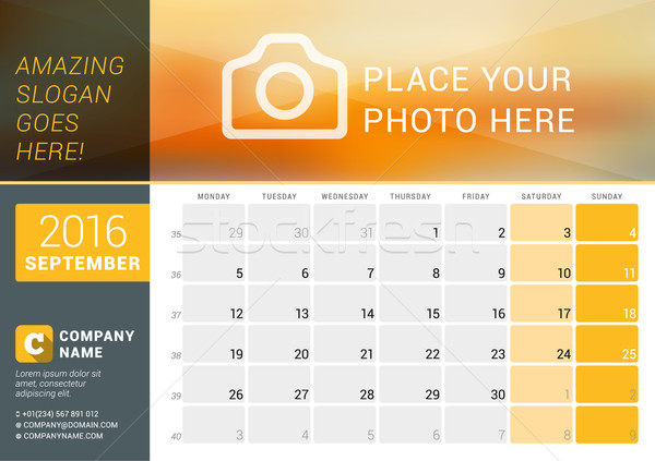 September 2016. Desk Calendar for 2016 Year. Vector Design Print Template with Place for Photo, Logo Stock photo © mikhailmorosin