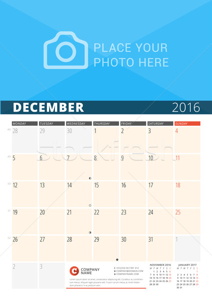 Stock photo: Wall Calendar Planner for 2016 Year. Vector Design Print Template with Place for Photo and Notes. We