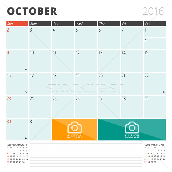 Calendar Planner 2016 Design Template with Place for Photos and Notes. October. Week Starts Sunday Stock photo © mikhailmorosin