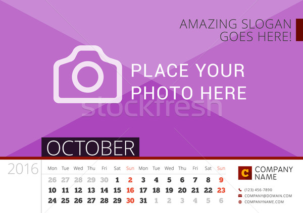 Desk Calendar 2016 Year. Vector Design Print Template with Place for Photo. October. Week Starts Mon Stock photo © mikhailmorosin