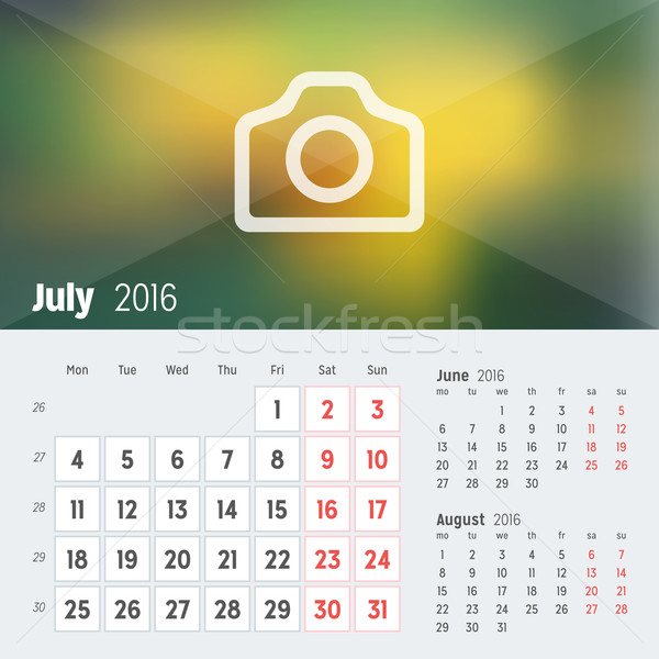 July 2016. Desk Calendar for 2016 Year. Vector Design Print Template with Place for Photo. Week Star Stock photo © mikhailmorosin