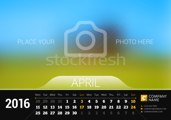 April 2016. Desk Calendar for 2016 Year. Vector Design Print Template with Place for Photo. Week Sta Stock photo © mikhailmorosin