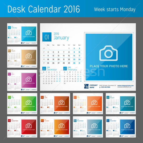 Desk Calendar 2016. Set of 12 Months. Vector Print Template. Week Starts Monday Stock photo © mikhailmorosin