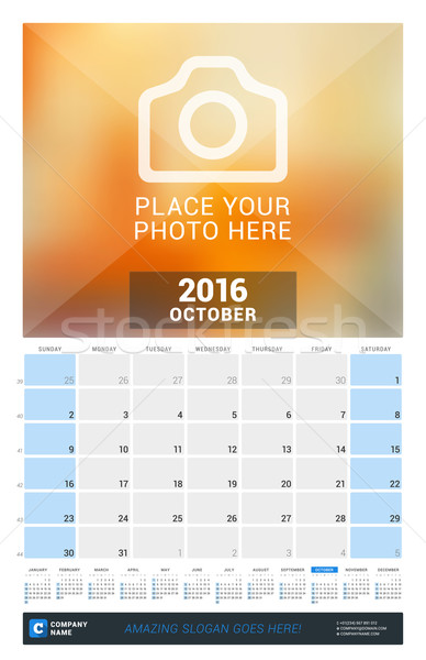 October 2016. Wall Monthly Calendar for 2016 Year. Vector Design Print Template with Place for Photo Stock photo © mikhailmorosin