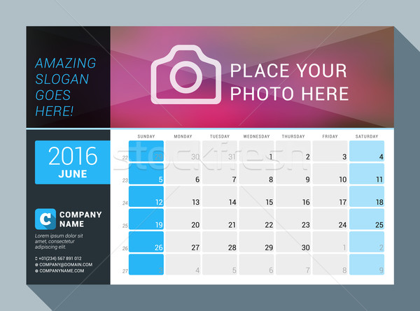 June 2016. Vector Design Print Calendar Template for 2016 Year. Place for Photo, Logo and Contact In Stock photo © mikhailmorosin