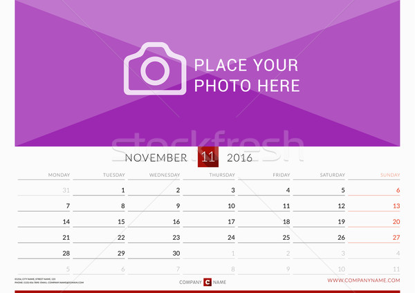 Wall Monthly Calendar for 2016 Year. Vector Design Print Template. Week Starts Monday. Landscape Ori Stock photo © mikhailmorosin