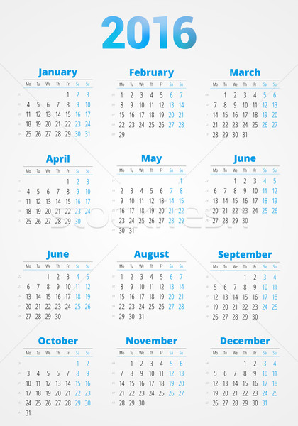 Calendar for 2016 Year. Vector Design Print Template. Week Starts Monday Stock photo © mikhailmorosin