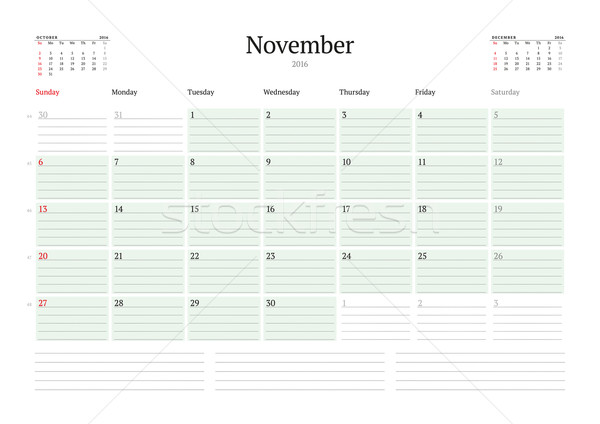 Monthly Calendar Planner 2016. Vector Design Print Template. November. Week Starts Sunday Stock photo © mikhailmorosin