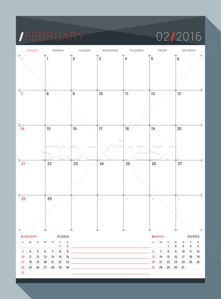 Stock photo: February 2016. Vector Design Print Template. Monthly Calendar Planner for 2016 Year. 3 Months on Pag