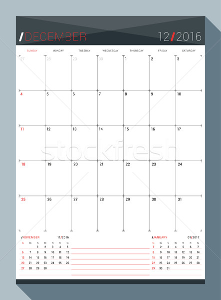 Stock photo: December 2016. Vector Design Print Template. Monthly Calendar Planner for 2016 Year. 3 Months on Pag