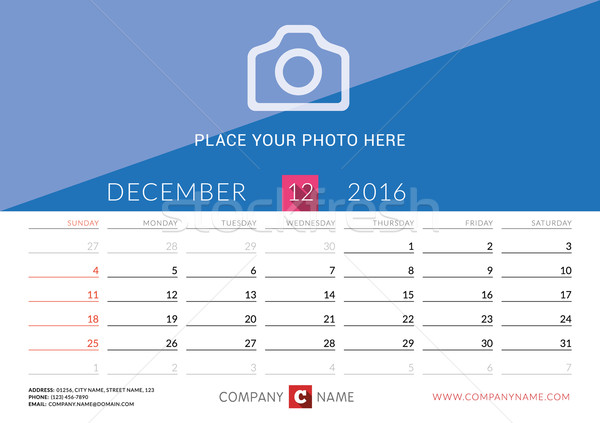 Desk Calendar 2016. Vector Print Template. December. Week Starts Sunday Stock photo © mikhailmorosin