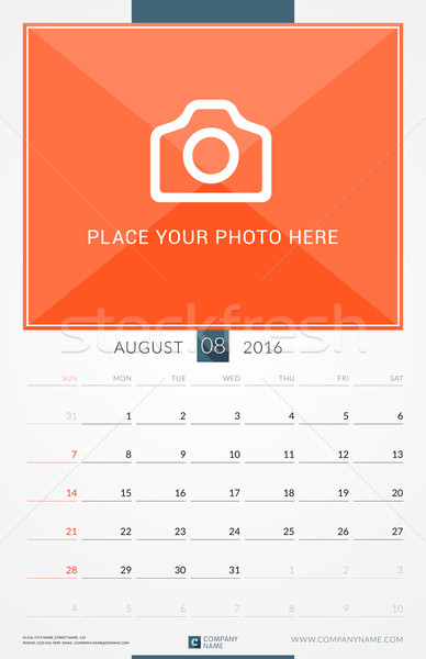 August 2016. Wall Monthly Calendar for 2016 Year. Vector Design Print Template with Place for Photo. Stock photo © mikhailmorosin