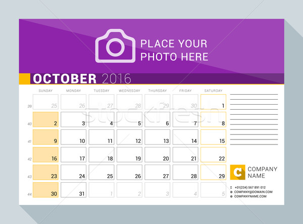 Calendar Planner for 2016 Year. October. Vector Print Template with Place for Photo, Logo and Contac Stock photo © mikhailmorosin