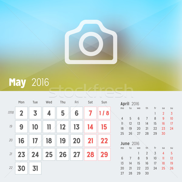 May 2016. Desk Calendar for 2016 Year. Vector Design Print Template with Place for Photo. Week Start Stock photo © mikhailmorosin