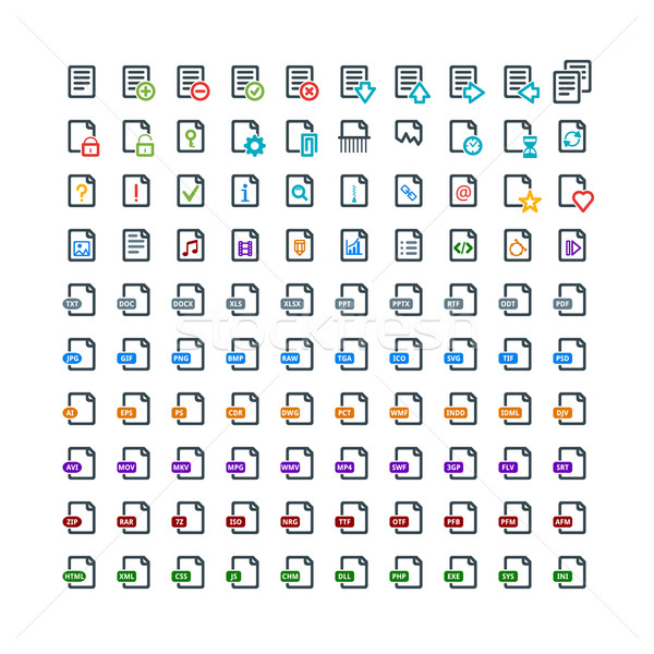 Set of 100 Document Colored Icons. File Extension. File Types. Operations with Documents Stock photo © mikhailmorosin