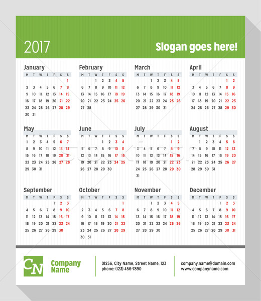 Calendar for 2017 Year. Week Starts Monday. Vector Design Print Template with Place for Slogan, Logo Stock photo © mikhailmorosin