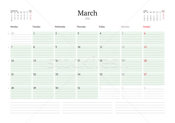 Monthly Calendar Planner 2016. Vector Print Template. March. Week Starts Monday Stock photo © mikhailmorosin