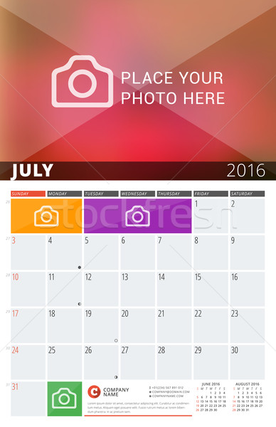 Wall Calendar Planner for 2016 Year. Vector Design Print Template with Place for Photos and Notes. W Stock photo © mikhailmorosin