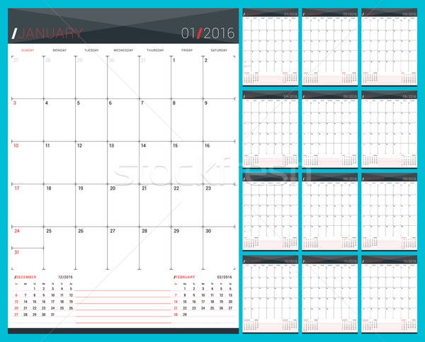 Stock photo: Monthly Calendar Planner for 2016 Year. Set of 12 Months. Week Starts Sunday. Vector Design Print Te