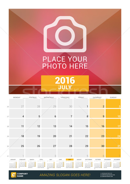 July 2016. Wall Monthly Calendar for 2016 Year. Vector Design Print Template with Place for Photo an Stock photo © mikhailmorosin