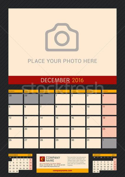 Wall Calendar Planner for 2016 Year. Vector Design Print Template with Place for Photo on Dark Backg Stock photo © mikhailmorosin