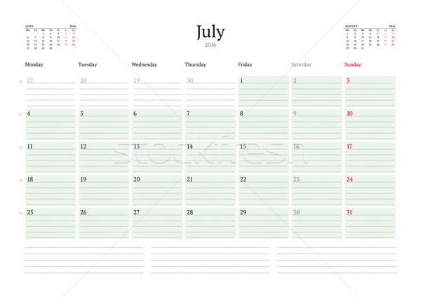 Monthly Calendar Planner 2016. Vector Print Template. July. Week Starts Monday Stock photo © mikhailmorosin