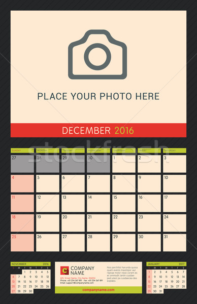 Wall Calendar Planner for 2016 Year. Vector Design Print Template with Place for Photo on Dark Backg Stock photo © mikhailmorosin