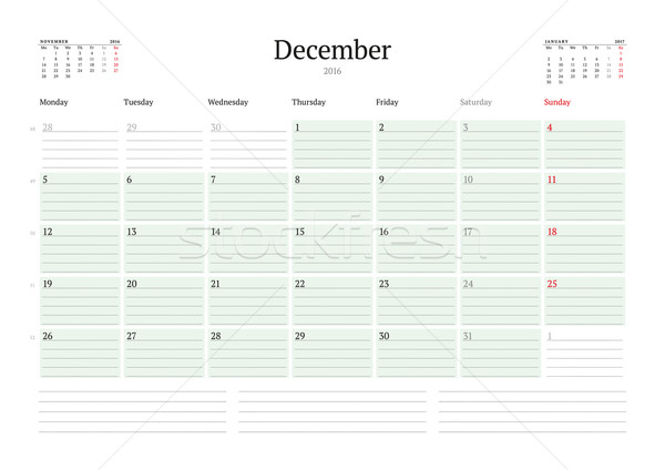 Monthly Calendar Planner 2016. Vector Print Template. December. Week Starts Monday Stock photo © mikhailmorosin