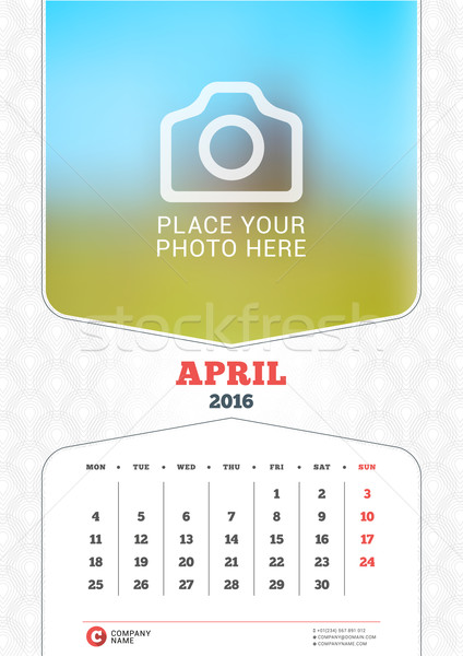 April 2016. Wall Monthly Calendar for 2016 Year. Vector Design Print Template with Place for Photo a Stock photo © mikhailmorosin