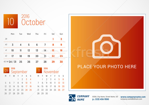 Desk Calendar 2016. Vector Print Template. October. Week Starts Monday Stock photo © mikhailmorosin