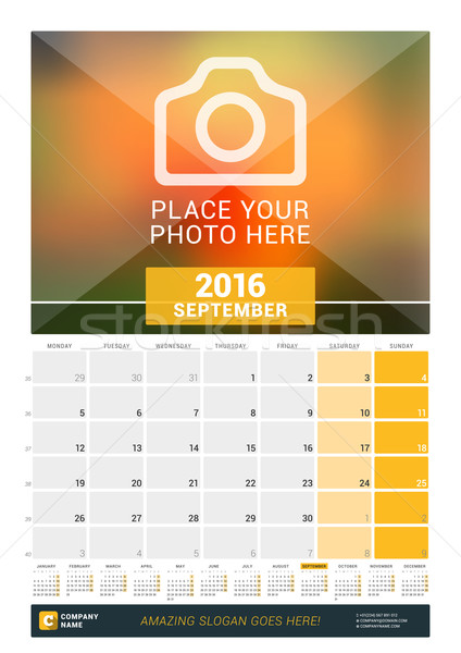 September 2016. Wall Monthly Calendar for 2016 Year. Vector Design Print Template with Place for Pho Stock photo © mikhailmorosin