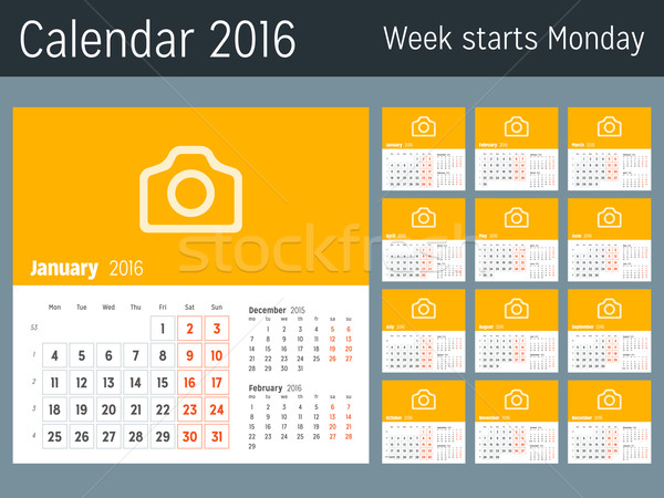 Calendar for 2016 Year. Vector Design Print Template. Week Starts Monday. Calendar Grid with Week Nu Stock photo © mikhailmorosin