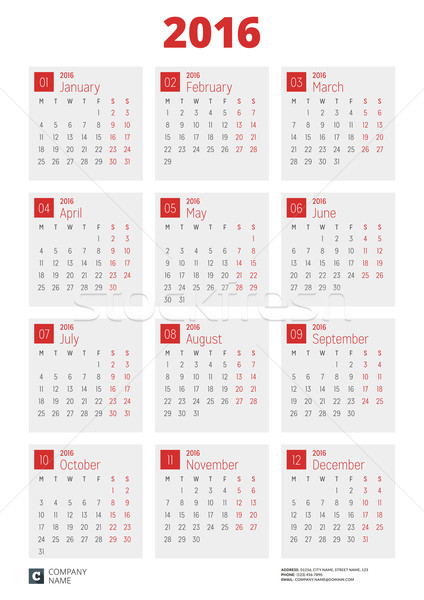 Wall Calendar Poster for 2016 Year. Vector Design Print Template with Place for Photo. Week Starts M Stock photo © mikhailmorosin