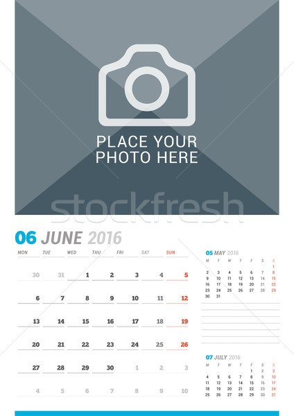 Stock photo: June 2016. Wall Monthly Calendar for 2016 Year. Vector Design Print Template with Place for Photo an