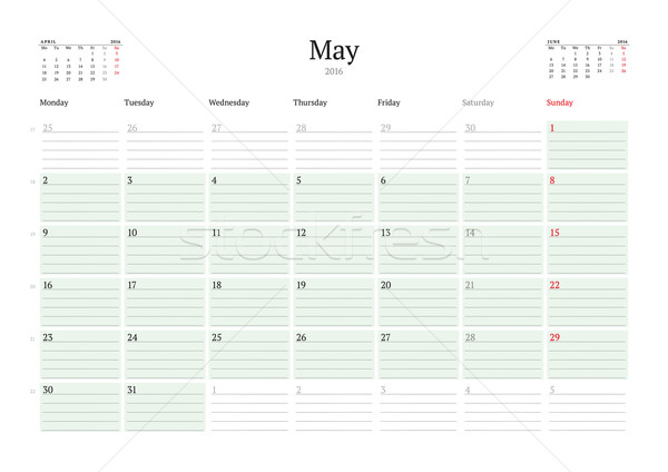 Monthly Calendar Planner 2016. Vector Print Template. May. Week Starts Monday Stock photo © mikhailmorosin