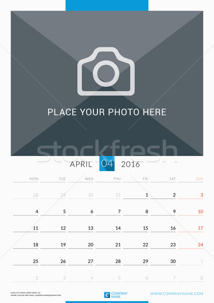 April 2016. Wall Monthly Calendar for 2016 Year. Vector Design Print Template with Place for Photo.  Stock photo © mikhailmorosin