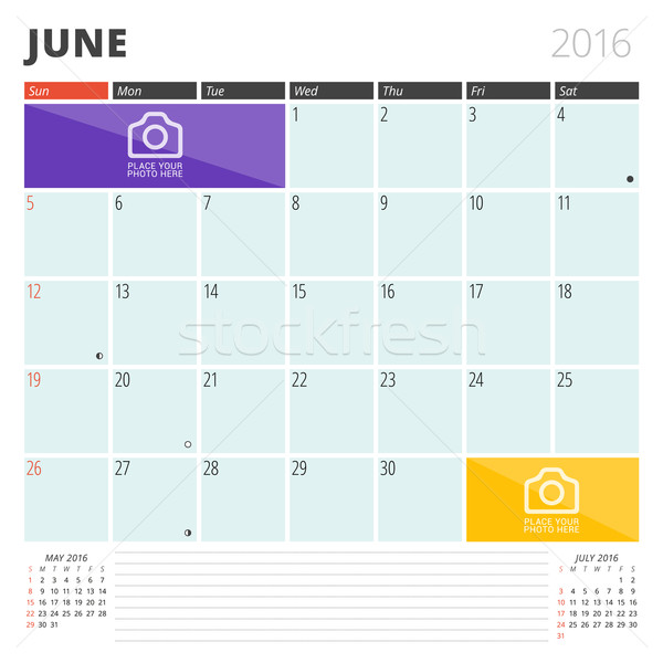 Calendar Planner 2016 Design Template with Place for Photos and Notes. June. Week Starts Sunday Stock photo © mikhailmorosin