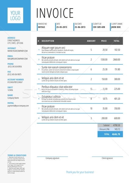 Vector Invoice Form Template Design. Vector Illustration. Blue and Gray Color Theme Stock photo © mikhailmorosin