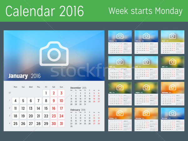 Desk Calendar for 2016 Year. Vector Design Print Template with Place for Photo. Week Starts Monday.  Stock photo © mikhailmorosin