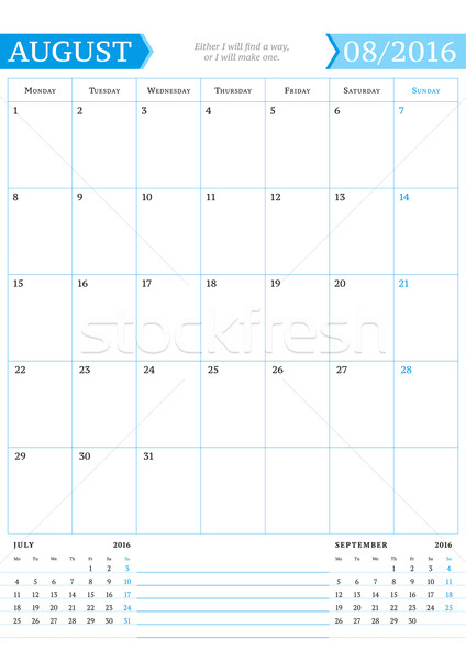 August 2016. Monthly Calendar Planner for 2016 Year. Vector Design Print Template with Place for Not Stock photo © mikhailmorosin