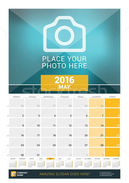 May 2016. Wall Monthly Calendar for 2016 Year. Vector Design Print Template with Place for Photo and Stock photo © mikhailmorosin