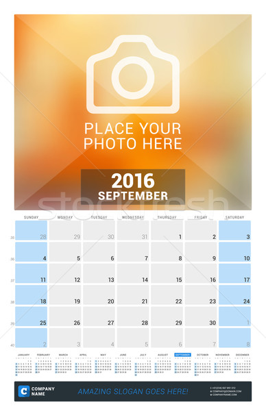 September 2016. Wall Monthly Calendar for 2016 Year. Vector Design Print Template with Place for Pho Stock photo © mikhailmorosin