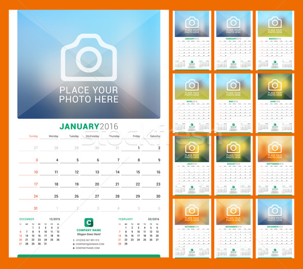 Wall Monthly Calendar for 2016 Year. Vector Design Print Template with Place for Photo. Week Starts  Stock photo © mikhailmorosin